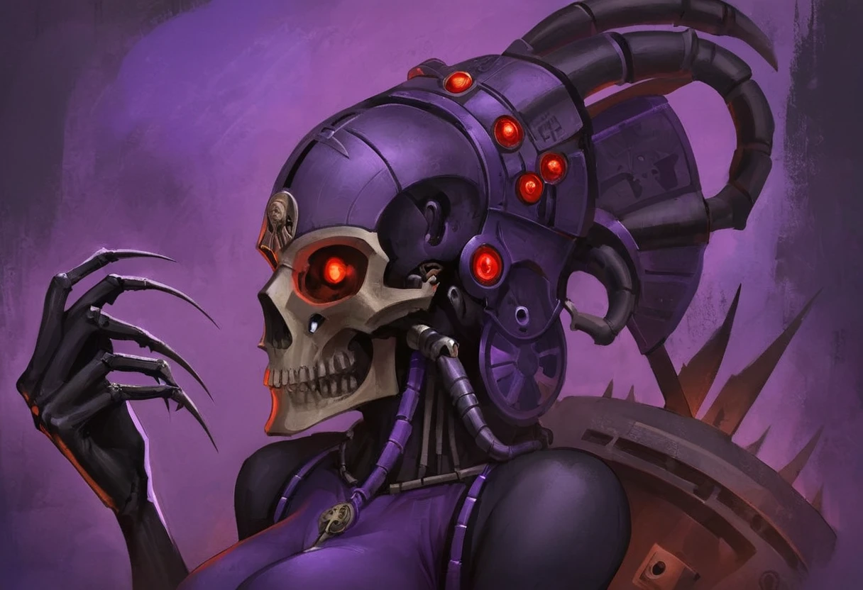 A digital painting of Iota, the Horus Killer, an Officio Assassinorum Culexus Temple operative. The painting is a portrait, showing Iota's head and shoulders in a vignette style. She has a skeletal helmet with a glowing red left eye. She has a number of cybernetic implants, including a targeting device on her right eye and a Animus Speculum on her left temple. Her skin is depicted as purple. The background is a solid, simple white. By Alexey Potorochin.
<lora:Assassinorum-000009:1>