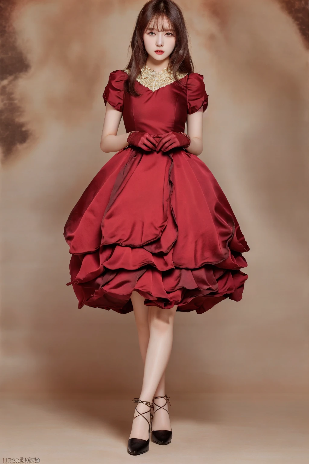 ((best quality)), absurdres, ((ultra high res)), perfect face, beautiful face, red dress, red gloves, black shoes, standing, detailed eyes, perfect female body, perfect skin, soft skin, <lora:sayonaraa:0.65>