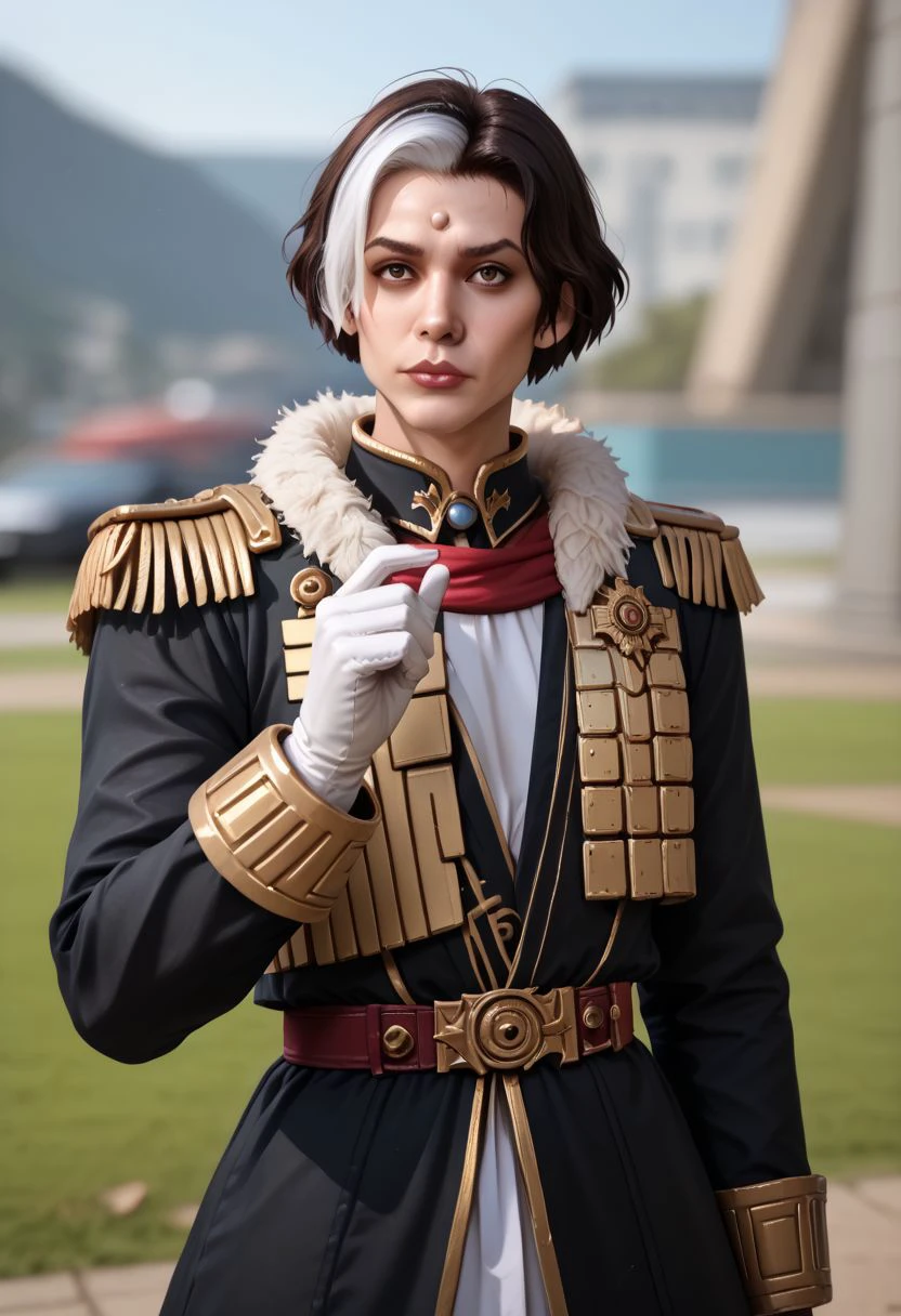 Emet Selch, 1boy, black hair, blurry, blurry background, brown eyes, brown hair, epaulettes, fur trim, gloves, lips, long sleeves, male focus, military, military uniform, multicolored hair, nose, outdoors, realistic, short hair, streaked hair, two-tone hair, uniform, upper body, white gloves, white hair zPDXL