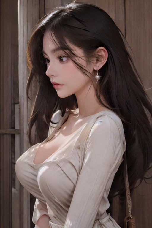 Masterpiece,Best quality,Photorealistic,(Ruffled wrap dress,drop earrings, crossbody bag,soft waves.),upper body,very deep double eyelids,symmetrical eyes,very light makeup,from side,
beauty girl,(huge breasts:1.5),<lora:Fuka07:0.5>,(skinny body:1.2),very long hair,slender body,face focus close,(looking away:1.4),((face side:1.3)),