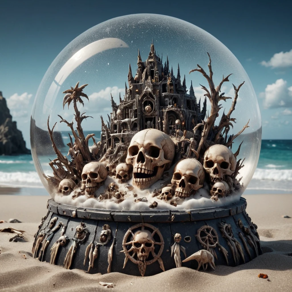 <lora:EPSavageVerseSDXL2:1>, EPSavageVerse, grimdark, primal, feral motifs, tribal symbols, post-apocalypse, dark fantasy, a snowglobe with a summer beach scene inside