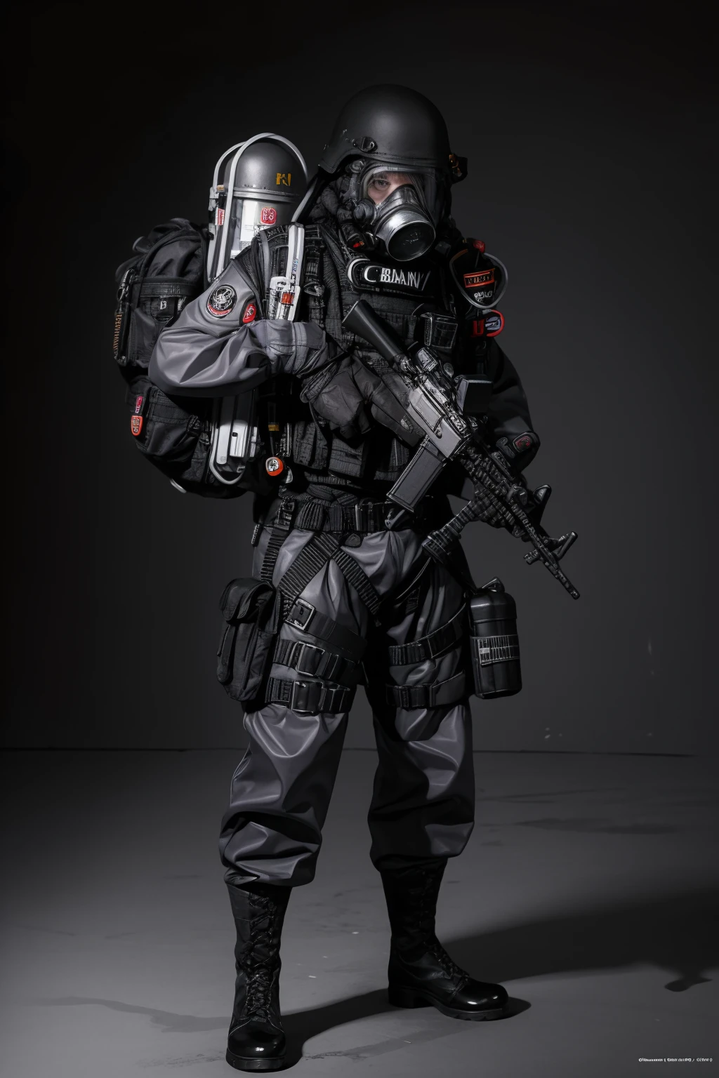 solo,1Girl,full body,red background,standing split,,ruanyi0524,backpack,belt,boots,bulletproof vest,gas mask,helmet,gloves,tactical clothes,emblem,<lora:0524 navy tactical uniform_v1:1>, best quality,masterpiece,highres,official art,extremely detailed cg unity 8k wallpaper