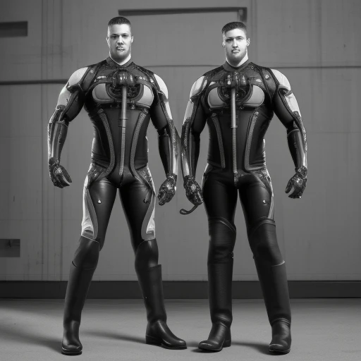 pectorals, cyborg, 2boys, cable, ground vehicle, green eyes, cowboyboots, single mechanical arm, large pectorals, monochrome, motorcycle