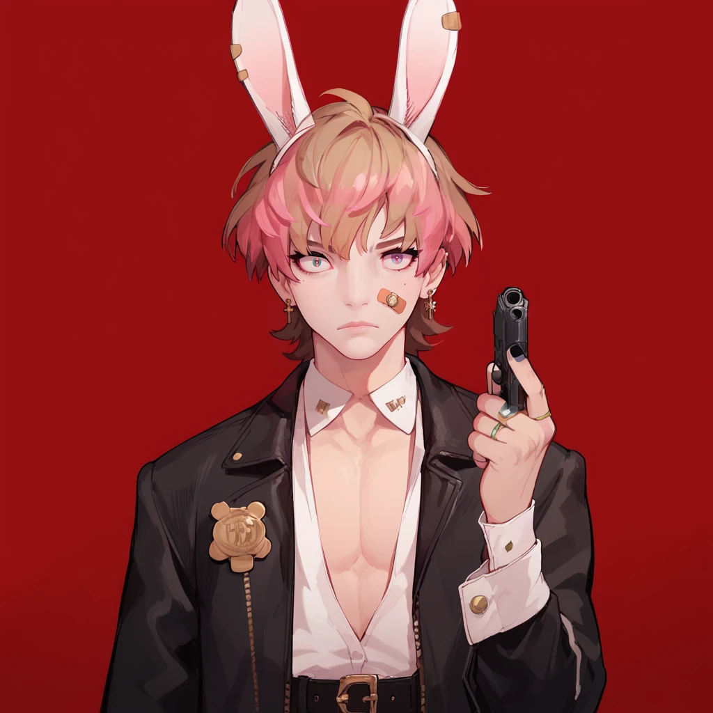PonyXLV6_Scores, 1girl, bandaid, bandaid on face, belt, black nails, blonde hair, brown hair, cleavage, earrings, elbow gloves, eyelashes, gold, gun, jacket, looking at viewer, looking to the side, male focus, pink hair, rabbit ears, red background, ring, shirt, solo, upper body, white nails, wrist cuffs, <lora:VisualkeiPnyXL:1>