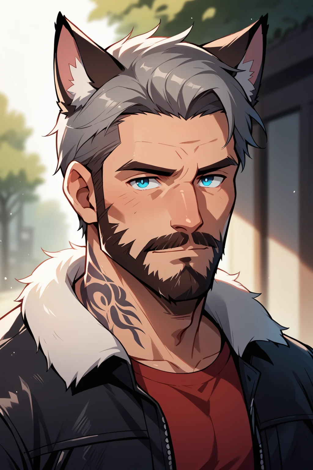 score_9, score_8_up, score_7_up, score_6_up, score_5_up, score_4_up, Andrew Ennis-Bryant, 1boy, animal ears, beard, blue eyes, blurry, blurry background, cat ears, facial hair, fox ears, fur trim, grey hair, jacket, leather, looking at viewer, male focus, manly, mature male, mustache, nose, old, old man, open clothes, open jacket, outdoors, red shirt, shirt, short hair, solo, upper body , side lighting, tattoo, <lora:AndyEnnisPonyXL:0.8>