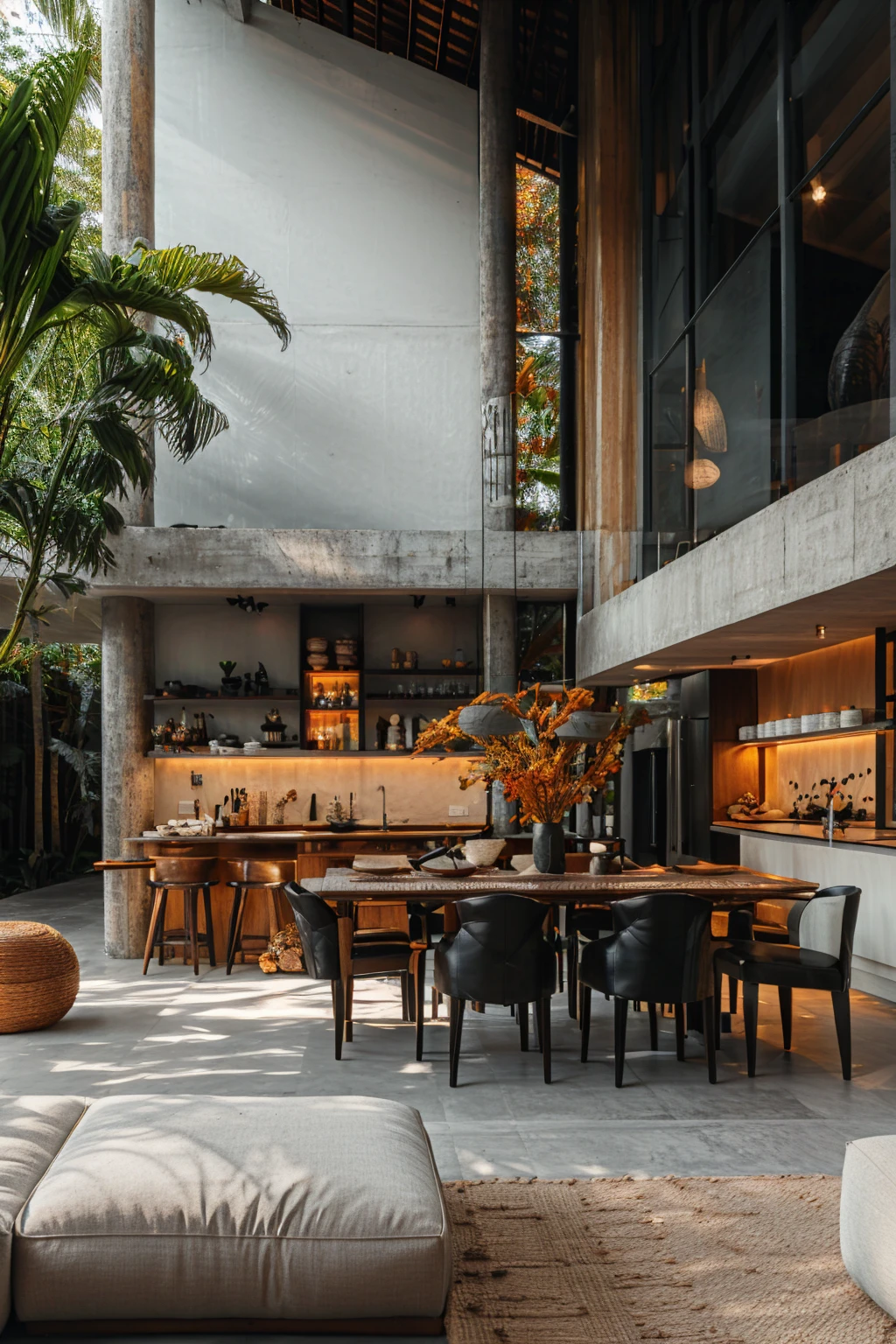 photo, interior, dining room, tropical brutalism, dining table, potted plan, open plan, concrete, wooden furniture, natural light, warm light, window, chair, table, atrium, wide angle, <lora:AIDVN_tropical_brutalism_interior:1>