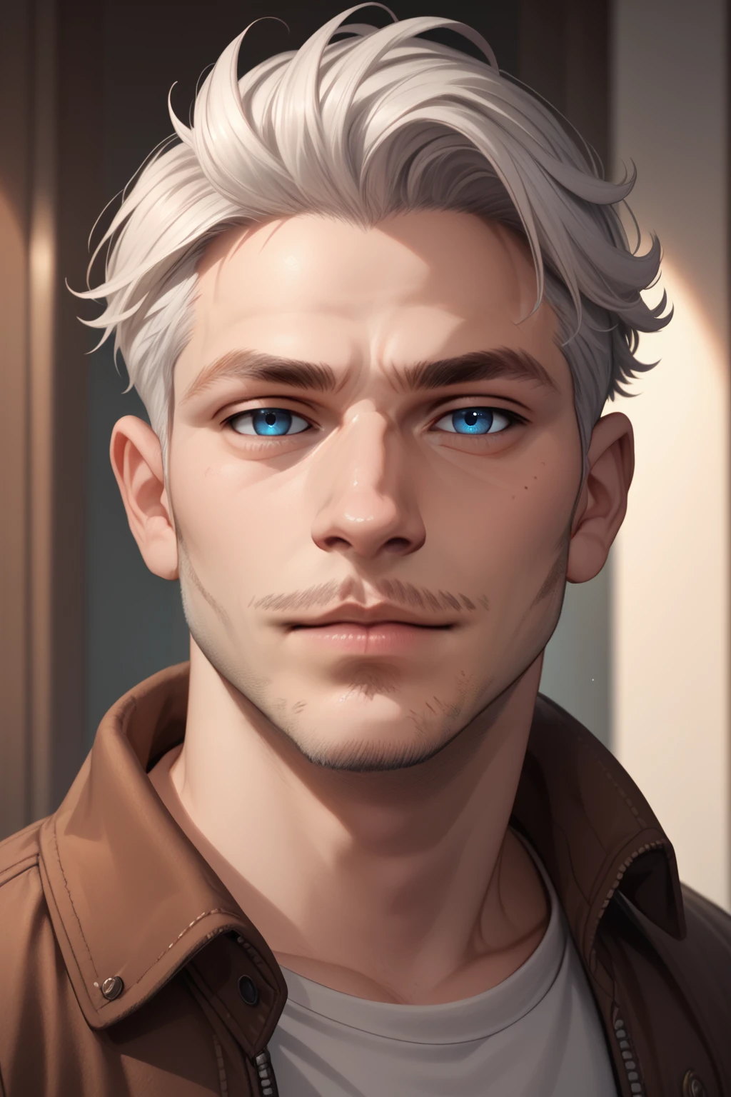 slrzztx, male focus, 1boy, realistic, solo, facial hair, blue eyes, beard, white hair, portrait, stubble, looking at viewer, PonyXLV6_Scores, <lora:SemiRealPonyXL:0.8>