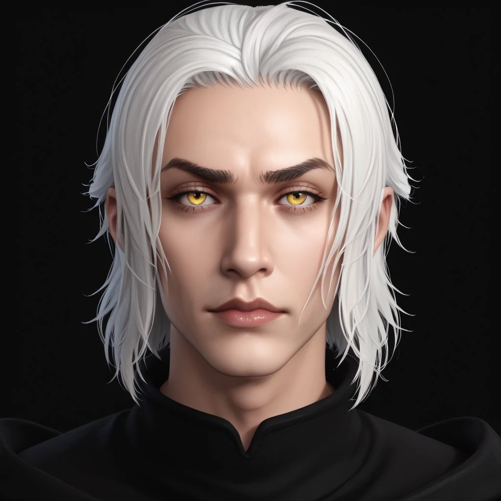 Emet Selch, 1boy, black background, closed mouth, lips, looking at viewer, male focus, portrait, realistic, simple background, white hair, yellow eyes zPDXL