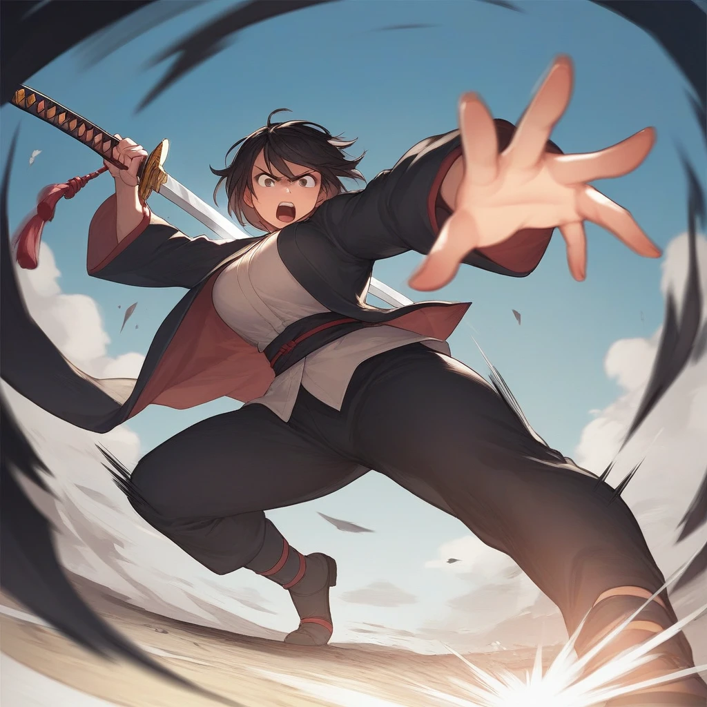 score_9_up, score_8_up, score_7_up, best quality, a woman slashing with her sword, sword fight, movement, motion blur, katana, dynamic angle, source_anime, full body, BREAK depth of field, foreshortening, dynamic pose, super wide angle shot, extreme perspective