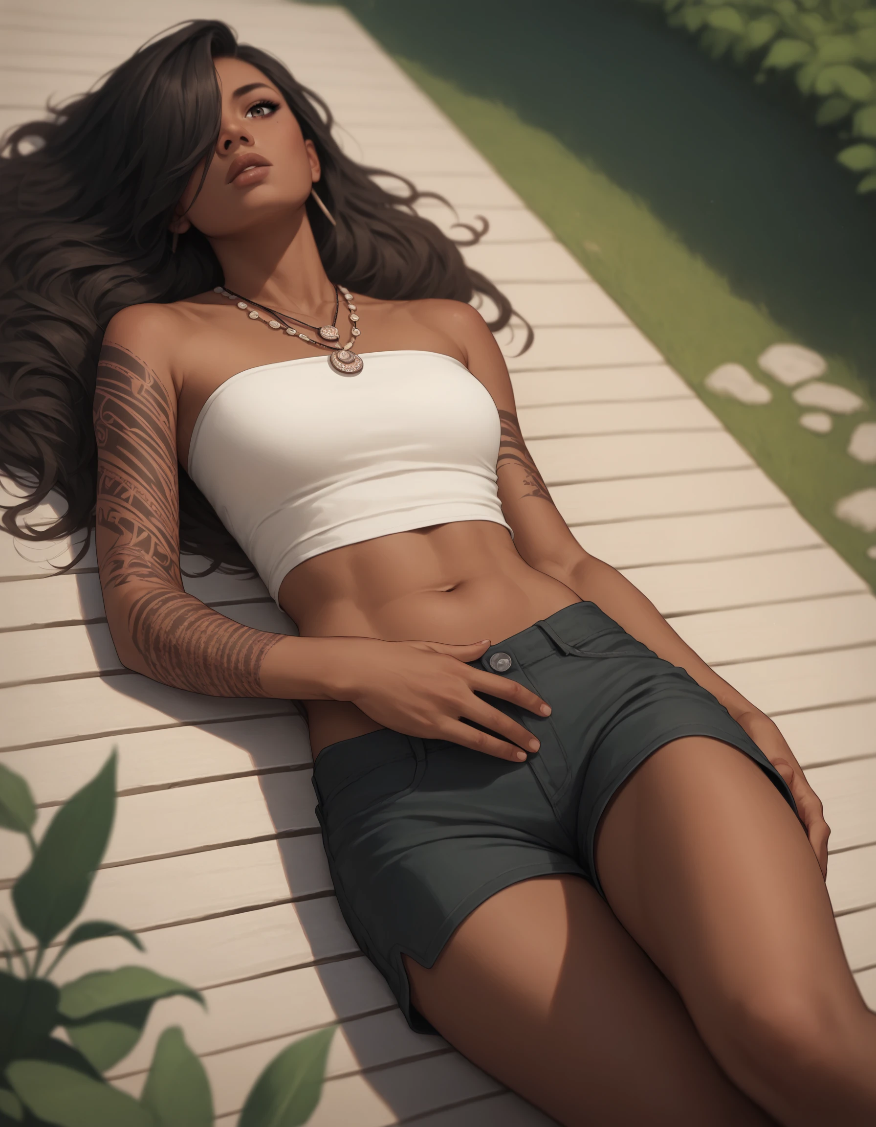 score_9, score_8_up, score_7_up, score_6_up, score_5_up, score_4_up, 1girl, hair over one eye, jewelry, lips, long hair, bare shoulders, crop top, shorts, dark skin, dark skinned female, tattoo, Maori, Pasifika, lying, necklace, on back, solo, depth of field, outdoors, cinematic angle, aotearoamatariki, <lora:MatarikiAotearoaPonyXL:1>