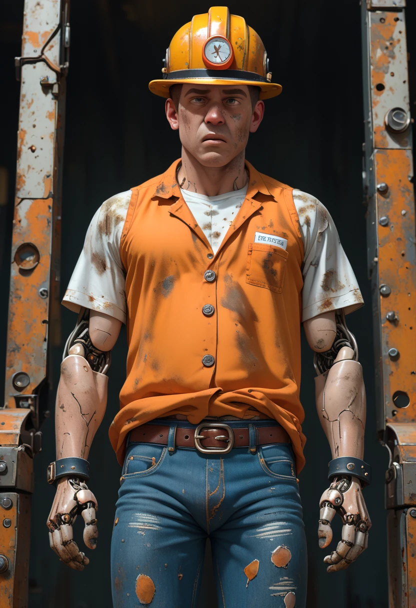 Grunge style score_9, score_8_up, score_7_up, 24 year old dieselpunk construction worker, cowboy shot, three-quarter view, looking to the side, mechanical arms, lean toned form, marine style high and tight haircut, full lips, wearing jeans and a t-shirt with hard hat and high vis vest, construction site, atmospheric perspective, high noon, <lora:Reelmech_pony_ed_v1_3:0.8> reelmech, mechanical parts, joints,, . Textured, distressed, vintage, edgy, punk rock vibe, dirty, noisy
