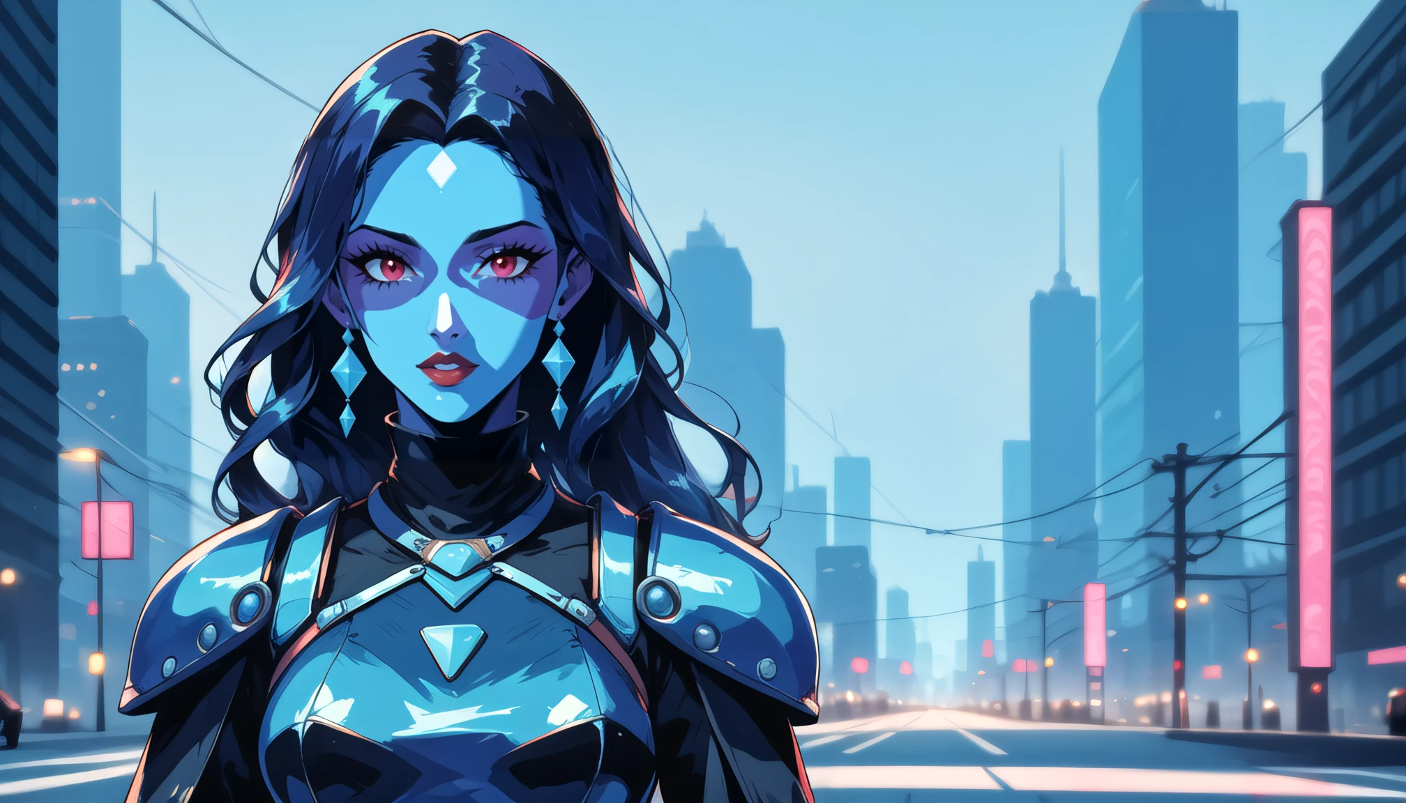 portrait of an woman with long black hair, blue skin, wearing black dress with mecha armor, standing in city street, cyberpunk, high quality, highly detailed, masterpiece, digital illustration, pg_rating