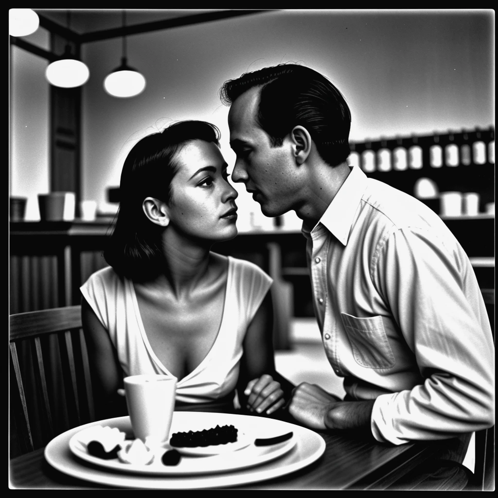 kata_bd vintage monochrome Photograph of a couple in a bistro overlit <lora:knives_and_time:1> <lora:pytorch_lora_weights:1>