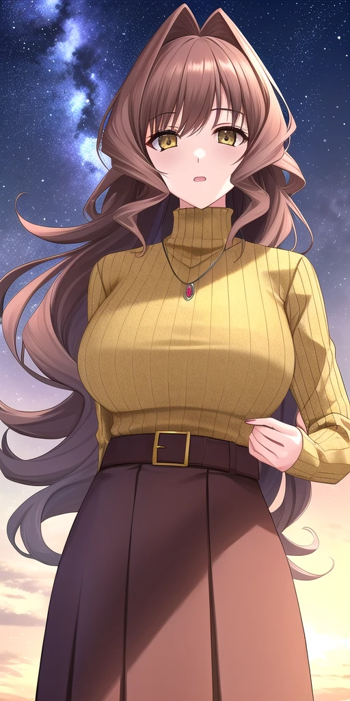 <lora:MarimoV5:0.7> jinguuji_marimo, huge_breasts, standing, solo, yellow_ribbed_sweater_turtleneck_brown_long_skirt_brown_belt_pendant, starry_sky,, masterpiece, best_quality, detailed_face, detailed_eyes, highres, beautiful, detailed, absurdres,