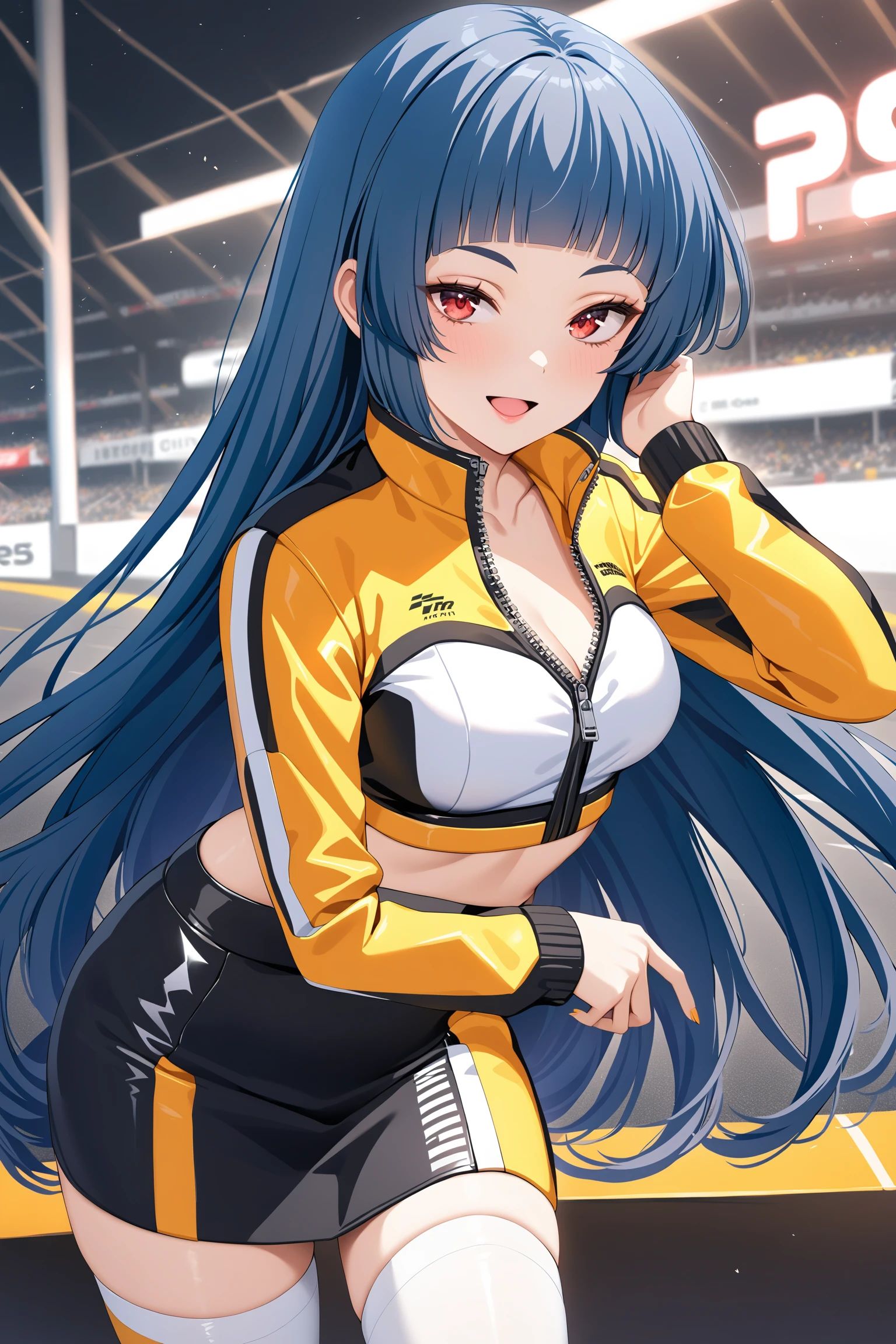 (masterpiece, best quality, very aesthetic, ultra detailed), intricate details, highly detailed background, perfect lightingbest quality, kurokawanagiko, solo, outdoors, race queen, dark blue hair, blunt bangs, very long hair, red eyes, medium breasts, yellow jacket, cropped jacket, zipper, crop top, long sleeves, black skirt, miniskirt, white thighhighs, multicolored clothes, smile, open mouth, :d, pink lips, <lora:Kurokawa-Nagiko-XL-10:0.7>