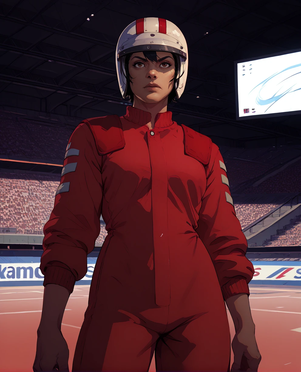KaraHassan,brown eyes,black hair,short hair,
red jumpsuit,helmet,
standing,upper body,
stadium,indoors,
(insanely detailed, masterpiece, best quality),solo,<lora:KaraHassan:0.8>,