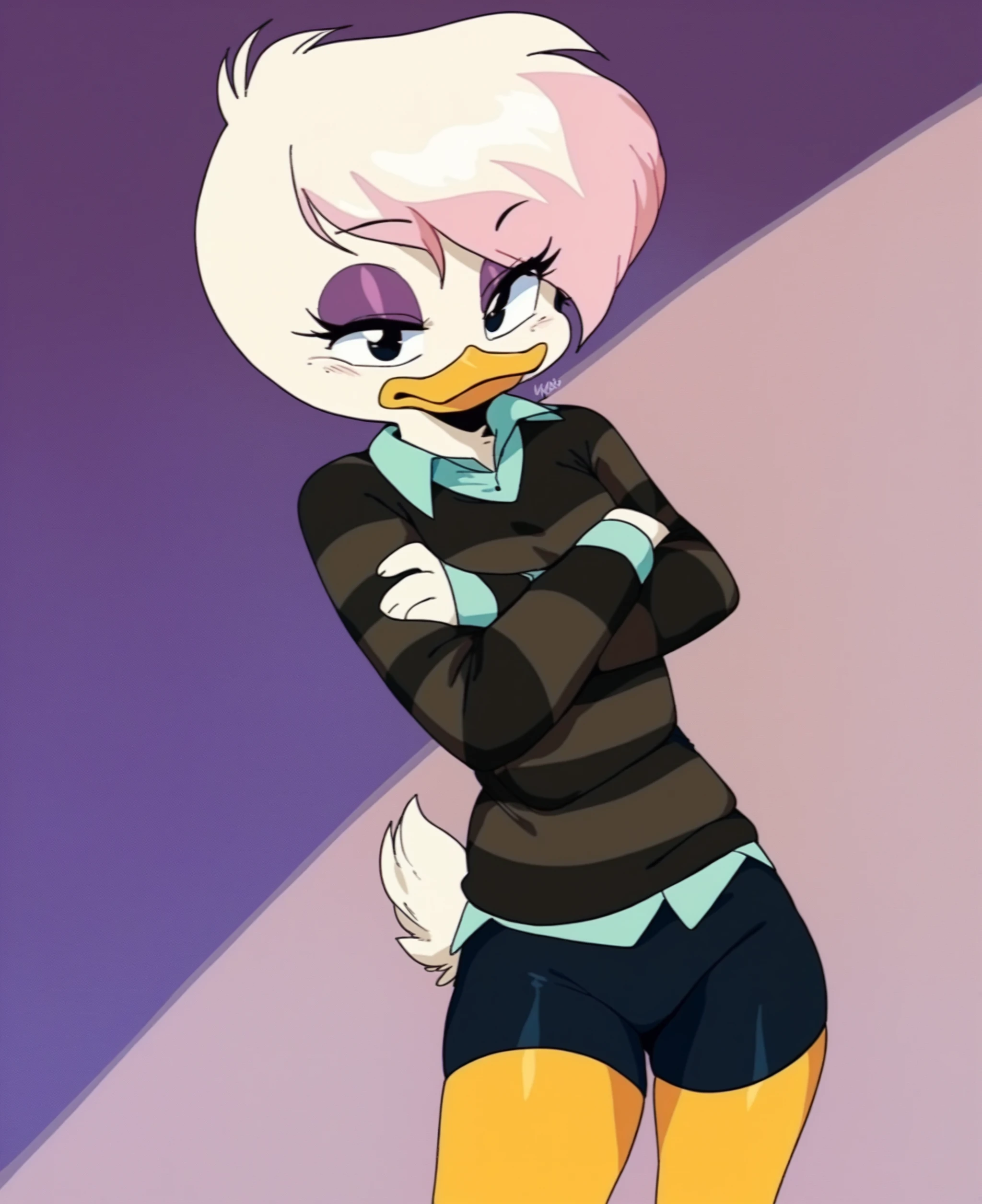 score_9, score_8_up, score_7_up, score_6_up, best quality, highres, source_furry, BREAK
vum, BREAK
1girl, female, solo, furry, bedroom, duck, beak, lena sabrewing, young, , white skin, white hair, pink highlights, short hair, black eyes, orange legs, purple eyeshadow, black bike shorts, dress shirt, dark clothing, striped sweater, long sleeves, crossed arms, narrowed eyes <lora:Lena_Sabrewing:1>