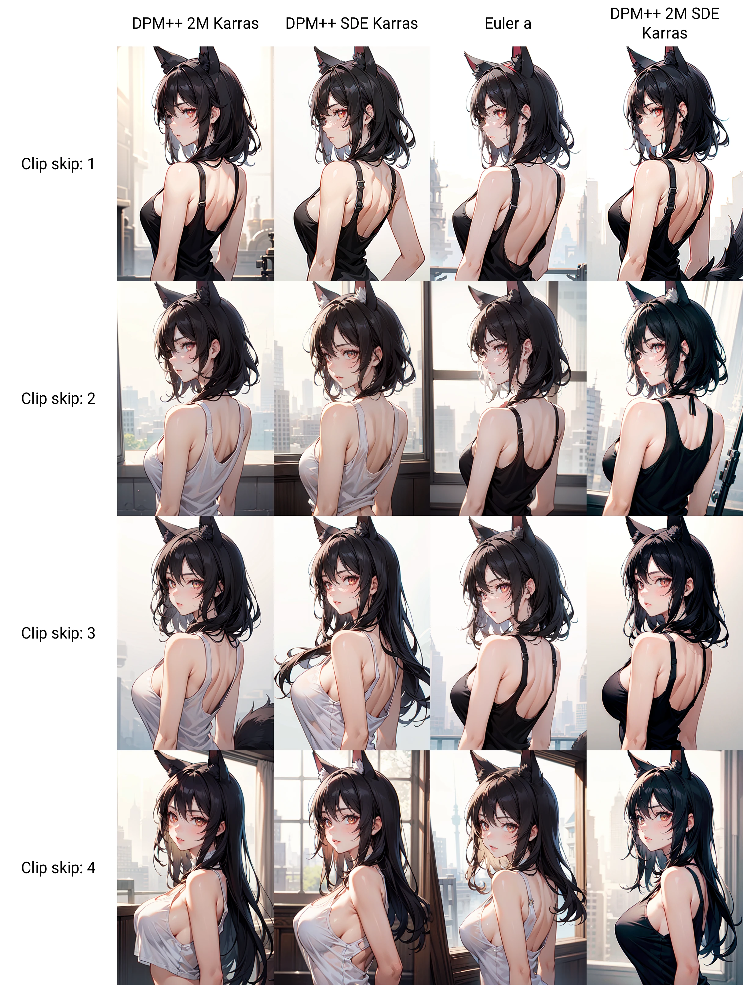 beautiful face, highly detailed, solo, Ilsa, crimson eyes, black hair, tank top, animal ears, medium breast, back view,