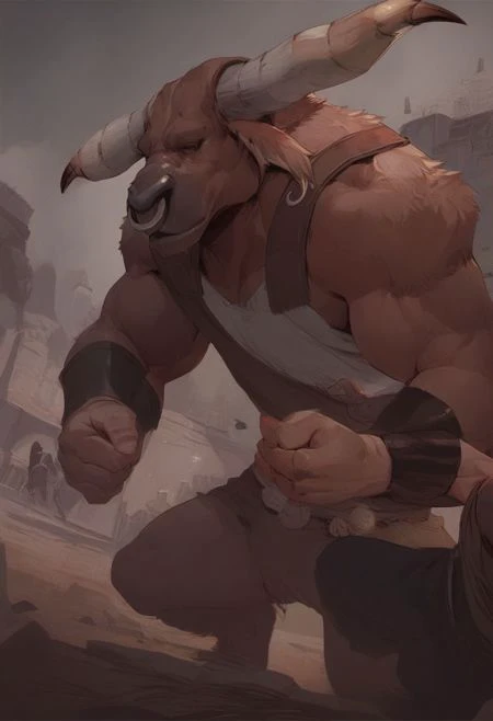 score_9, score_8_up, score_7_up, Source_western, rating_safe, BREAK, 1boy, socgreyhide, monster, minotaur, horns, fur, muscular male