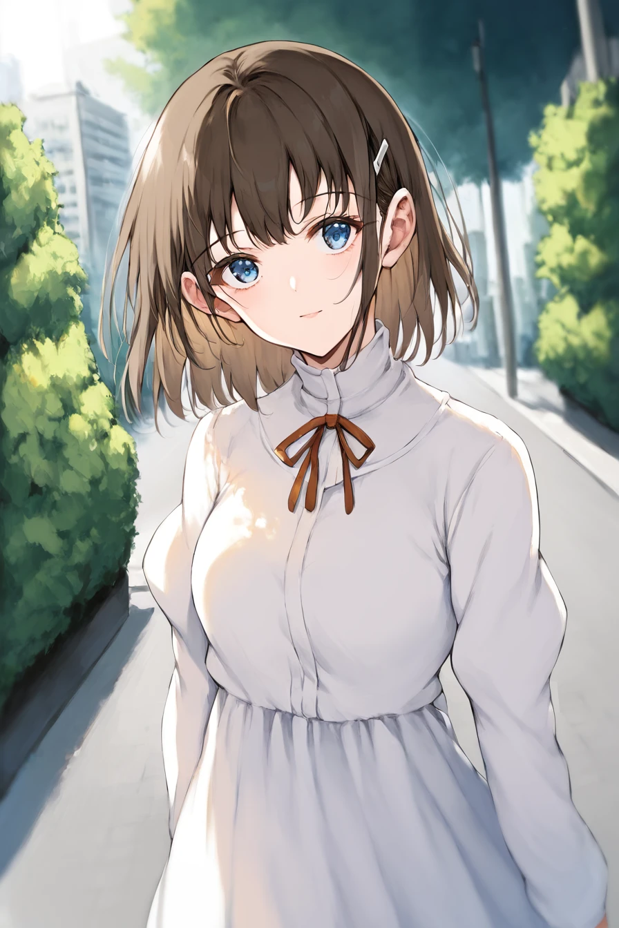 score_9, score_8_up, score_7_up, source_anime, 
1girl, solo, outdoors, looking at viewer, outdoors, tokyo city, street, garden, trees, upper body, dutch angle, (cheerful:0.7),
<lora:rurikawa_tsubaki_v3-soralz:1>, rurikawa_tsubaki, blue eyes, brown hair, short hair,
white dress, neck ribbon, hair clip,