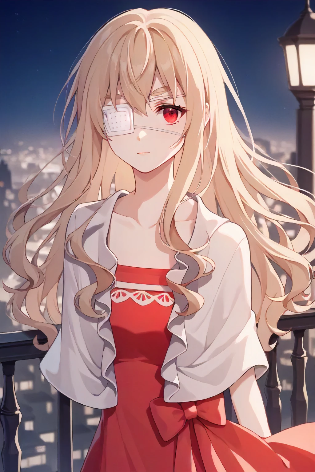 score_9, score_8_up, score_7_up, source_anime BREAK
masterpiece, best quality,
1girl, noel cerquetti, blonde hair, red eyes, long hair, white capelet, red dress, frilled dress, lace gloves, medical eyepatch, missing limb, missing arm, collarbone
,delicate, beautiful,colorful, vividcolor, lighting, city, night, upper body
<lora:noel_cerquetti_pony:1>, (masterpiece, best quality:1),