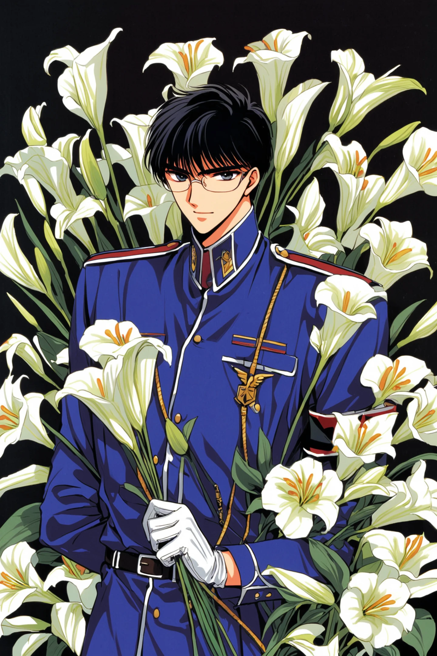 Seishiro Sakurazuka,solo,1boy,male focus,flower,gloves,black hair,uniform,white flower,white gloves,holding,glasses,belt,holding flower,standing,long sleeves,pillarboxed,blue background,military,armband,military uniform,bangs,looking at viewer,lily (flower),coat,short hair,black background,blue coat,feet out of frame,<lora:Tokyo Babylon_XL:0.8>,