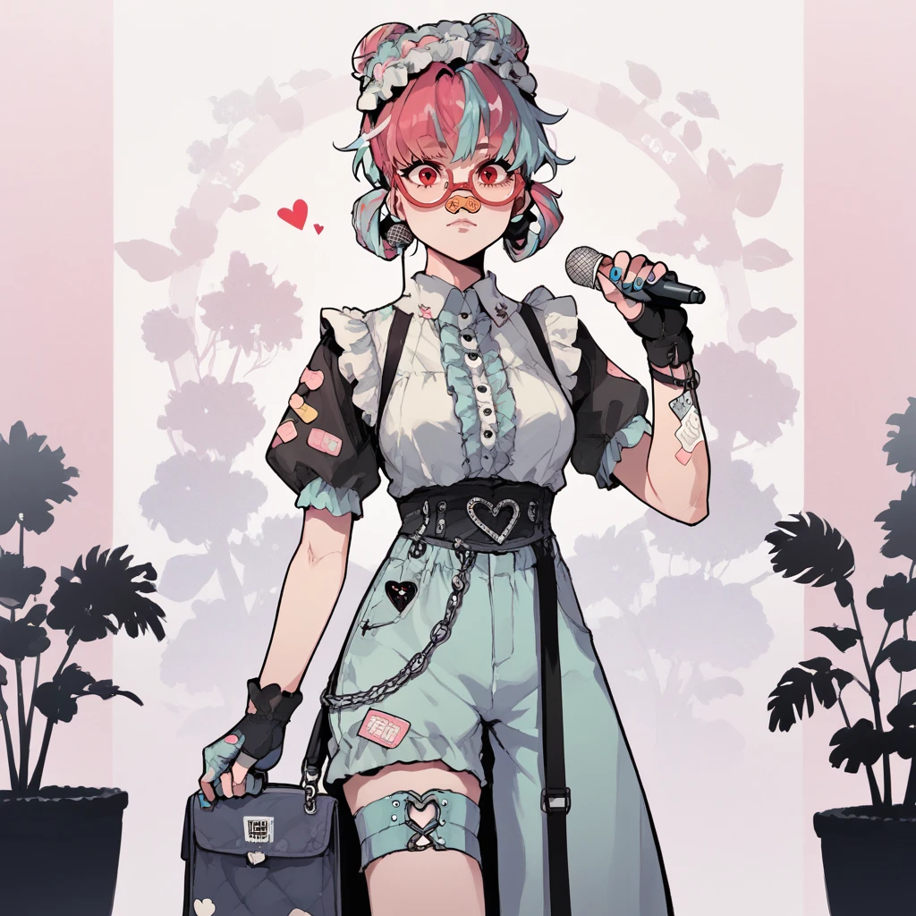 PonyXLV6_Scores, <lora:VisualkeiPnyXL:1> 1boy, 1girl, baggy pants, bandaid on hand, bandaid on nose, blue nails, breasts, cellphone, cowboy shot, frills, glasses, gloves, hair bun, hat, heart, holding microphone, jewelry, looking at viewer, monochrome, multicolored hair, plant, red eyes, short hair, short sleeves, solo, thigh strap