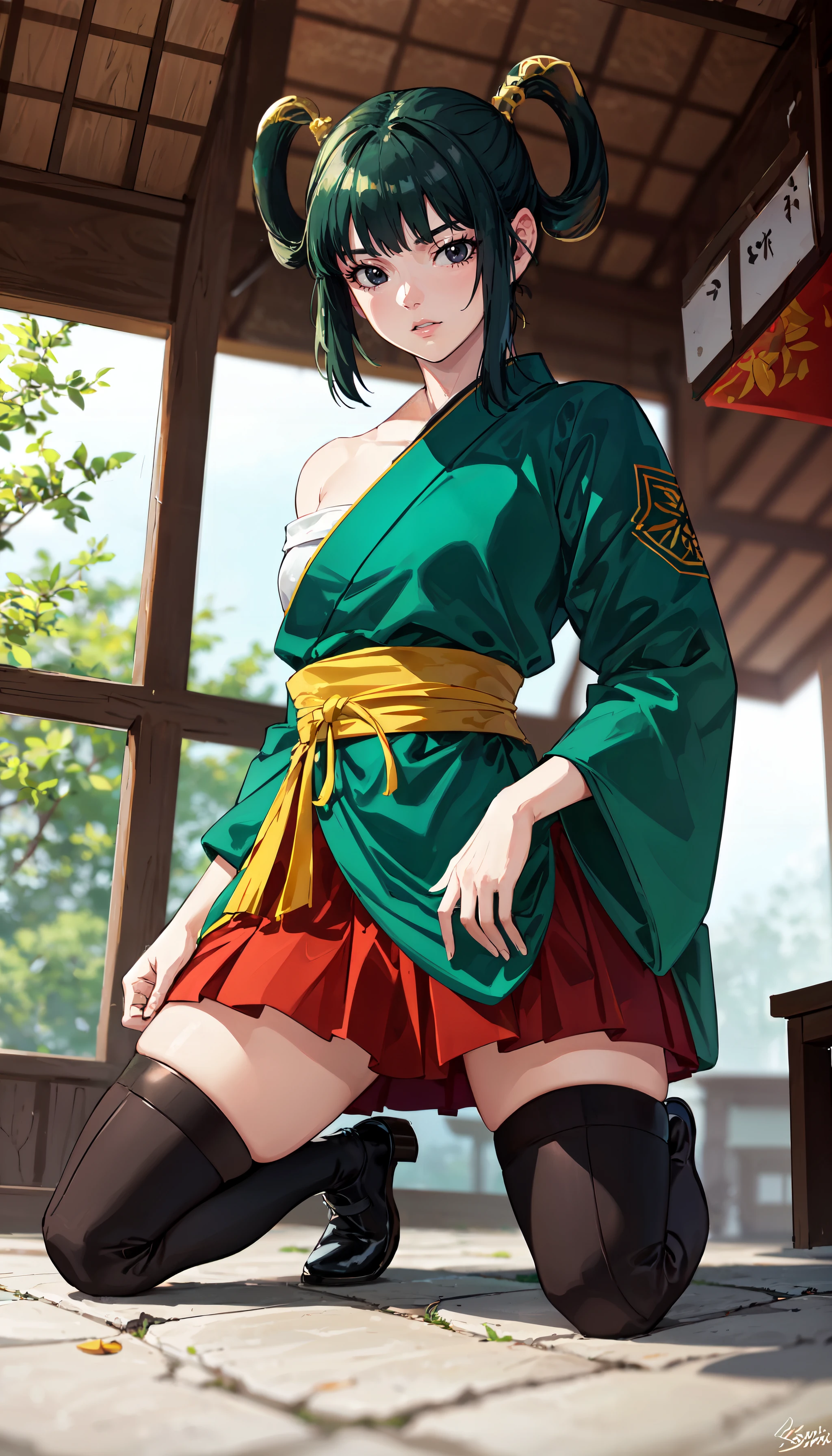 photorealistic, (4k), depth of field, (Masterpiece), (realistic skin texture), extremely detailed, intricate, hyper detailed, professional photography, bokeh, high resolution, sharp detail, best quality, girl, dark green hair, hair rings, sidelocks, black eyes, green kimono, (sarashi:1.3), bare shoulder, red skirt, thighhighs,  <lora:GoodHands-vanilla:0.4>, <lora:detail_slider_v4:0.8> , dynamic pose, (kneeling),  <lora:Yurin-000004:0.7>, village, east asian architecture, nature,