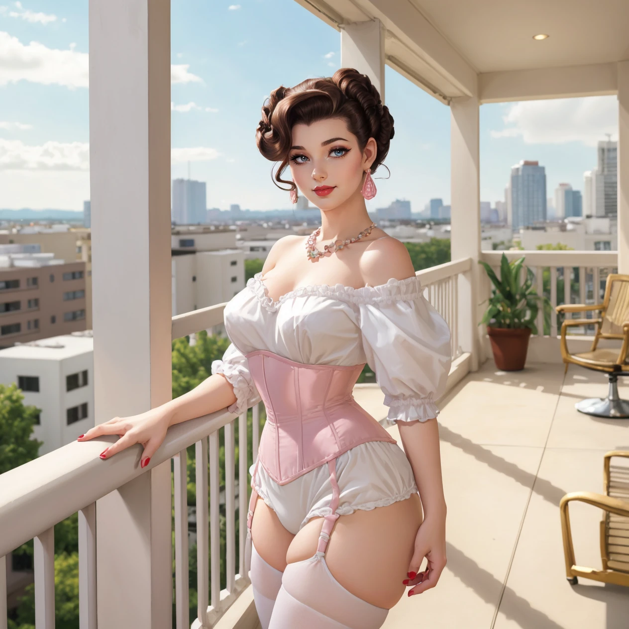 balcony of a futuristic Penthouse apartment, (solo:1.3), best quality, 1girl, hud_vtg_ling, pink corset, bloomers,  garter straps, puffy sleeves, blouse, off shoulder, necklace, earrings, white thighhighs,  <lora:vintage_lingerie_sd15-000008:0.7>, adult, blue eyes, pale skin, eyeliner, lipstick, long eyelashes, woman, medium breasts, mature female, (brown hair updo:1.3), light smile,, (half body photo:1.3), solo, adult, pale skin, eyeliner, lipstick, long eyelashes, woman, medium breasts, mature,(Retro black victory rolls hair, bangs:1.3),