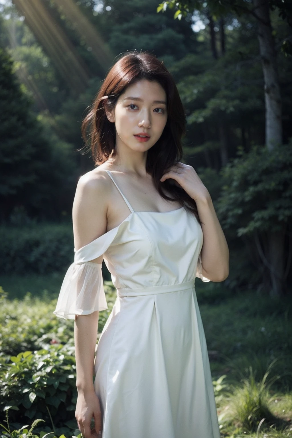 (realistic), (hyperrealism),best quality, masterpiece,ultra high res, (photorealistic:1.4),1girl,pale skin,young,(looking at viewer),dark forest, sun ray,
<lora:makina69_parkshinhye_v1.0:1> , white dress , bare shoulders, cowboy shot