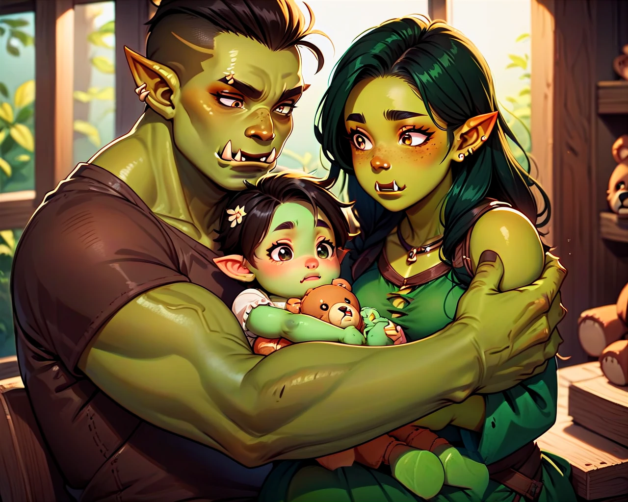 score_9, score_8_up, score_7_up, rating_safe, 1girl, 1boy, husband and wife, holding baby, female orc, orc, (green skin:1.6), colored skin, fantasy clothes, holding teddy bear <lora:KakkoiiPony2:1>