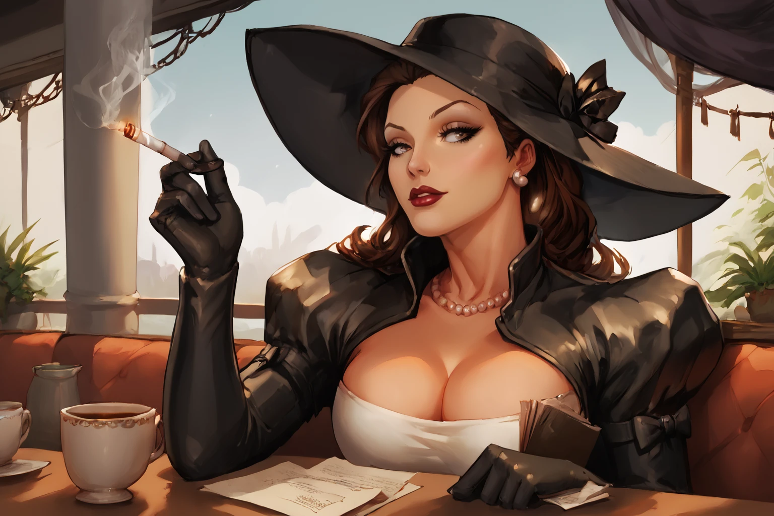 score_9, score_8_up, score_7_up, masterpiece, high quality
<lora:Madame MiragePonyLora:0.9> 1girl, brown hair, jacket, dress, hat with veil, juliet sleeves, gloves, necklace, earrings, sitting in a cafe, cup of tea, papers, noir, sepia tone, smoking, smoke, closeup, portrait