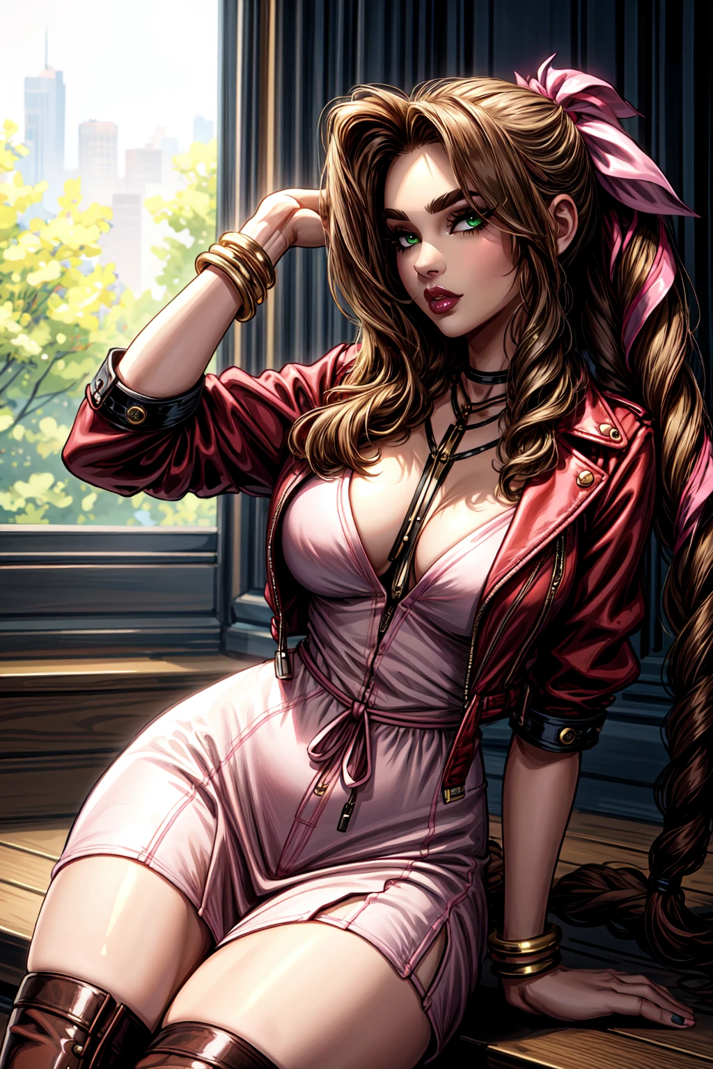 <lora:more_details:1>1woman, thick eyebrows, thick eyeliner, eyeshadow, full lips, thick lips, lip gloss, wide hips, thin waist, (huge breasts:1.2)
<lora:aerith-nvwls-v1-final:1> aerith gainsborough, choker, cropped jacket, hair bow, bracelet, pink dress, brown boots, very long hair, hair ribbons, braid