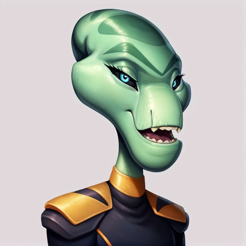 score_9, score_8_up, score_8,source_furry,
1girl,
solo,
furry female,
alien,
looking at viewer,
smile,
uniform,
black uniform,
gold trim,
green skin,
green body,
upper body,
open mouth,
bald,
standing,
teeth,
<blue eyes:1.5>,
<black sclera:1.5>,
<simple background:1.5>,
<white background:1.5>,
<lora:Grand_Councilwoman_Pony_SDXL:1> grand_councilwoman,, smug,
smugness,
half closed eyes,
closed mouth,
sarcastic,