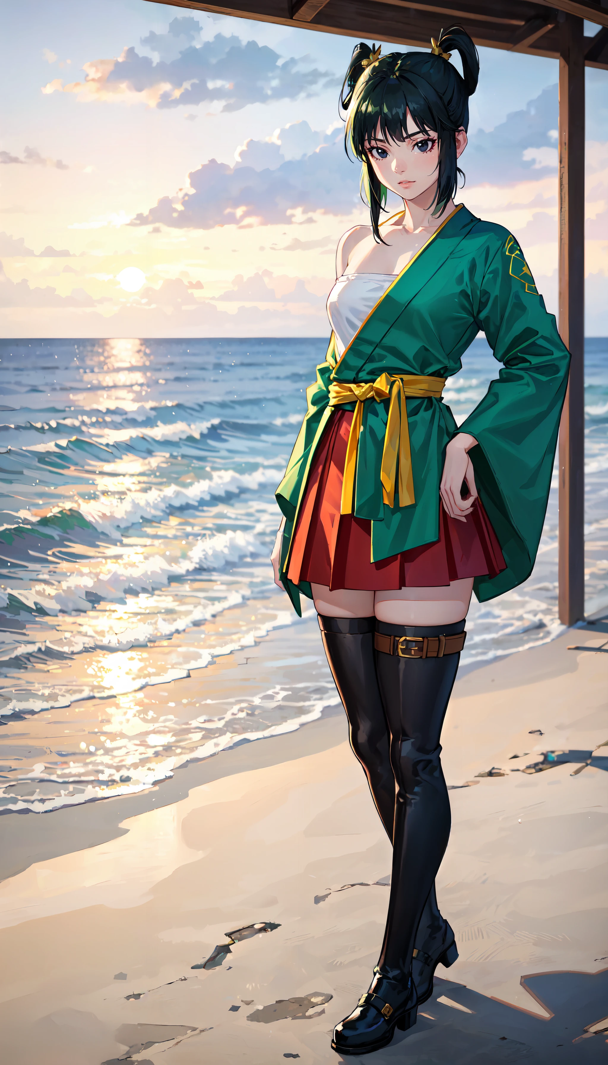 photorealistic, (4k), depth of field, (Masterpiece), (realistic skin texture), extremely detailed, intricate, hyper detailed, professional photography, bokeh, high resolution, sharp detail, best quality, girl, dark green hair, hair rings, sidelocks, black eyes, green kimono, (sarashi:1.3), bare shoulder, red skirt, thighhighs,  <lora:GoodHands-vanilla:0.4>, <lora:detail_slider_v4:0.8> , dynamic pose, (legs apart),  <lora:Yurin-000004:0.7>, beach, sand, ocean, waves, sunset,