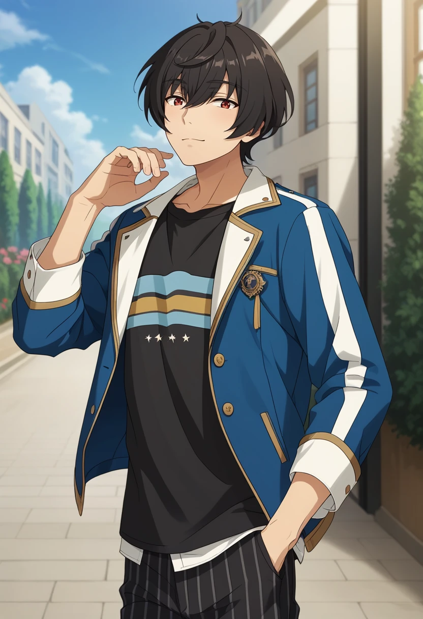 score_9, score_8_up, score_7_up, masterpiece, best quality, cute, male focus, solo, Ritsu Sakuma, black hair, red eyes, white with blue jacket, black shirt, striped pants<lora:EMS-364769-EMS:1.000000>