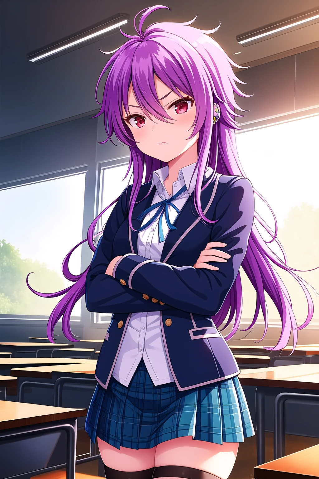 (masterpiece, best quality), highly detailed background, perfect lightingbest quality, shinonomerei, solo, indoors, classroom, purple hair, antenna hair, hair between eyes, long hair, messy hair, red eyes, ear piercing, small breasts, blue jacket, open jacket, blazer, blue ribbon, neck ribbon, white shirt, crossed arms, blue skirt, plaid skirt, black thighhighs, thigh strap, school uniform, closed mouth, >:/, pink lips, <lora:Shinonome-Rei:0.7>