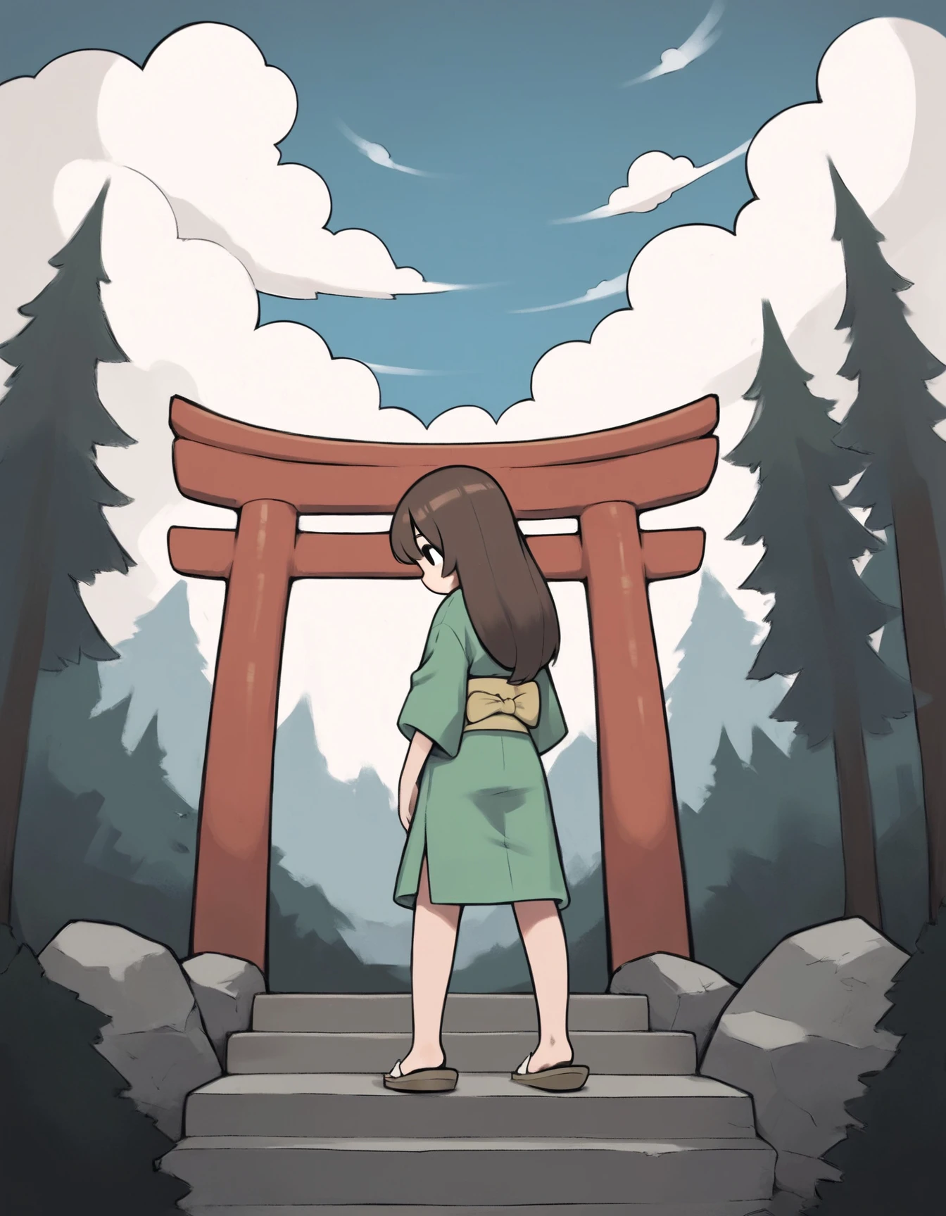 score_9, score_8_up, score_7_up, score_6_up, score_5_up, score_4_up, source_anime, rear view, forest, torii, sky, cloud, looking away, black eyes, no pupils, solo, human, long hair, brown hair, flat chested, green kimono, sash, standing, sandals, mature female