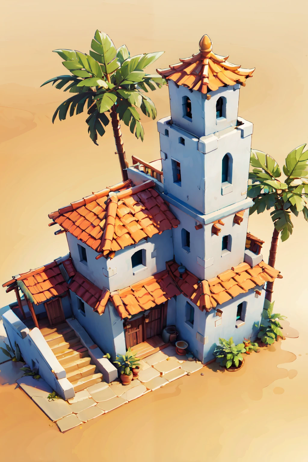 ((masterpiece,best quality)), absurdres, <lora:IsometricDesert:0.8>,   IsometricDesert, tree, no humans, window, plant, stairs, palm tree, door, potted plant, white walls, orange roof, tile roof,