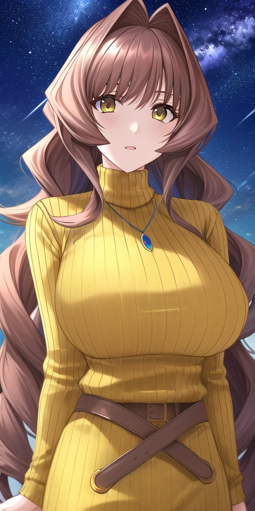 <lora:MarimoV5:0.7> jinguuji_marimo, huge_breasts, standing, solo, yellow_ribbed_sweater_turtleneck_brown_long_skirt_brown_belt_pendant, starry_sky,, masterpiece, best_quality, detailed_face, detailed_eyes, highres, beautiful, detailed, absurdres,