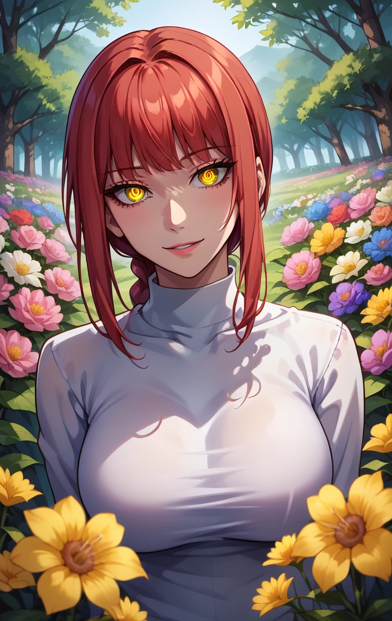 best quality, masterpiece, 1girl, female, looking at viewer, solo, upper body, makima, ringed eyes, yellow eyes, shirt nature, flowers, <lora:lXlStyle-000007:0.7>, lxlstyle