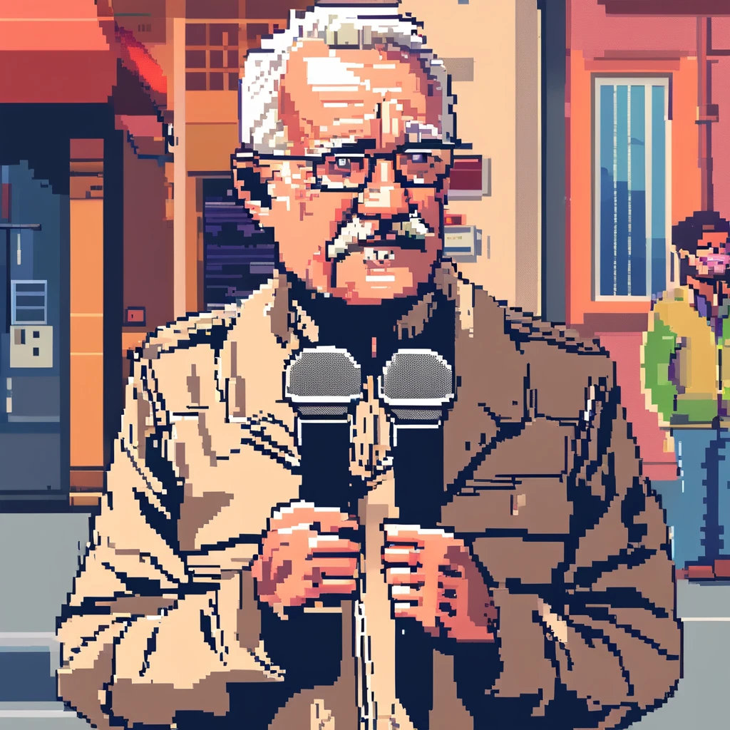 an older man talking to reporters while holding microphones, Pixel Art, 32 bits, highly detailed <lora:pixel_art_lora:1>