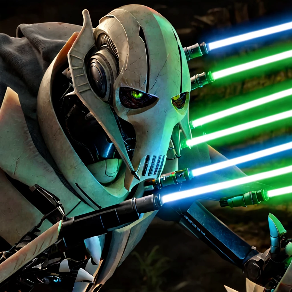 <lora:XL-char_starwars_[GeneralGrievous]-v1-000010:0.8> (GeneralGrievous, cyborg, alien, mask, reptilian eyes, slit pupils:1.3), robot science fiction, holding weapon, (four arms with glowing lightsabers:1.2), (attacking, swinging laser swords:1.3), (masterpiece, top quality, best quality, detailed scenery background, official art, beautiful and aesthetic, extremely detailed, best quality, absurdres:1.3), (detailed natural lighting, depth of field:1.3) (hyperrealistic:1.5), vivid 16k colorful hdr, highest detailed