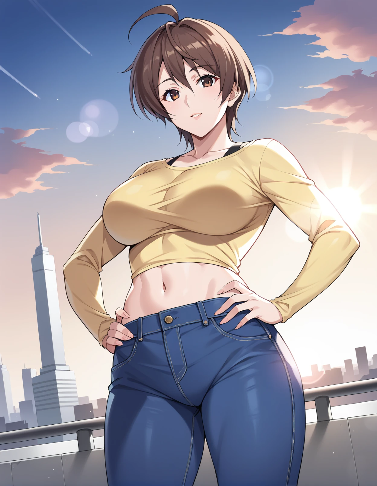 score_9, score_8_up, score_7_up, source_anime, rating_safe, BREAK <lora:masaneXL_LoRA-C3Lier_AdamW_Dim8_Alpha8_UN-3e-4_TE-1.5e-4_10batch_ponyDiffusionV6XL_v6StartWithThisOne:1>, amaha masane, 1girl, mature female, brown hair, short hair, ahoge, brown eyes, curvy, large breasts, yellow shirt, long sleeves, black strap, navel, midriff, pants, jeans, denim, standing, hands on own hips, dutch angle, cityscape, horizon, sunrise, sunlight, lens flare, blue sky, cloud