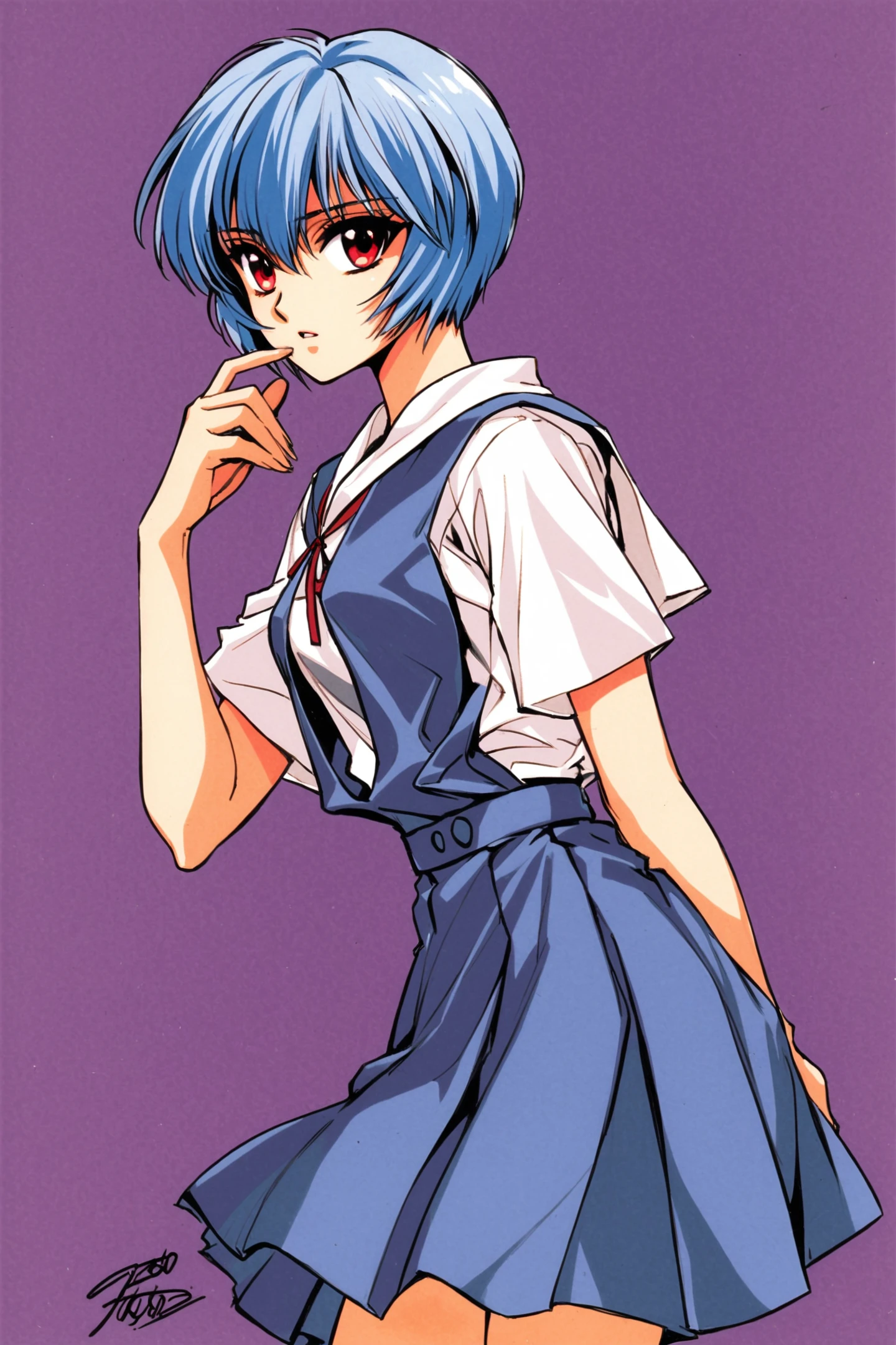 1girl,ayanami rei,solo,red eyes,short hair,school uniform,blue hair,tokyo-3 middle school uniform,signature,short sleeves,hair between eyes,suspender skirt,purple background,bangs,purple theme,shirt,cowboy shot,looking to the side,skirt,white shirt,looking at viewer,parted lips,suspenders,traditional media,<lora:Tokyo Babylon_XL:0.8>,