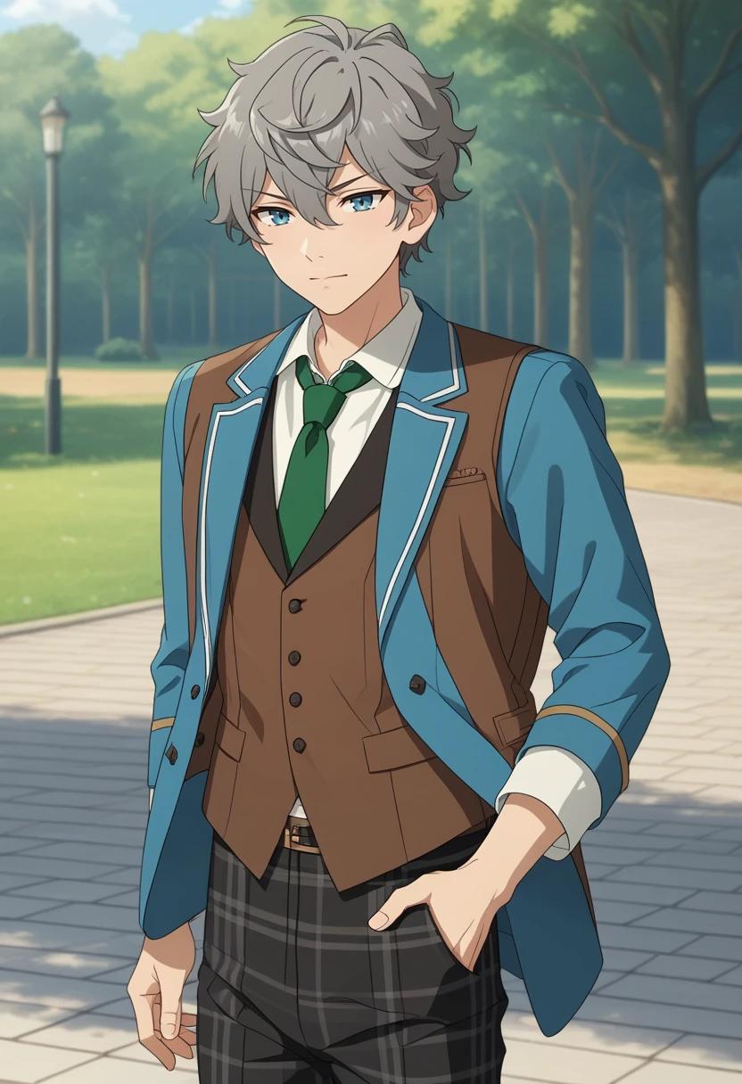 score_9, score_8_up, score_7_up, masterpiece, best quality, cute, male focus, solo, Izumi Sena, grey hair, blue eyes, blue jacket, greennecktie, white shirt, plaid pants,brown vest<lora:EMS-364746-EMS:1.000000>