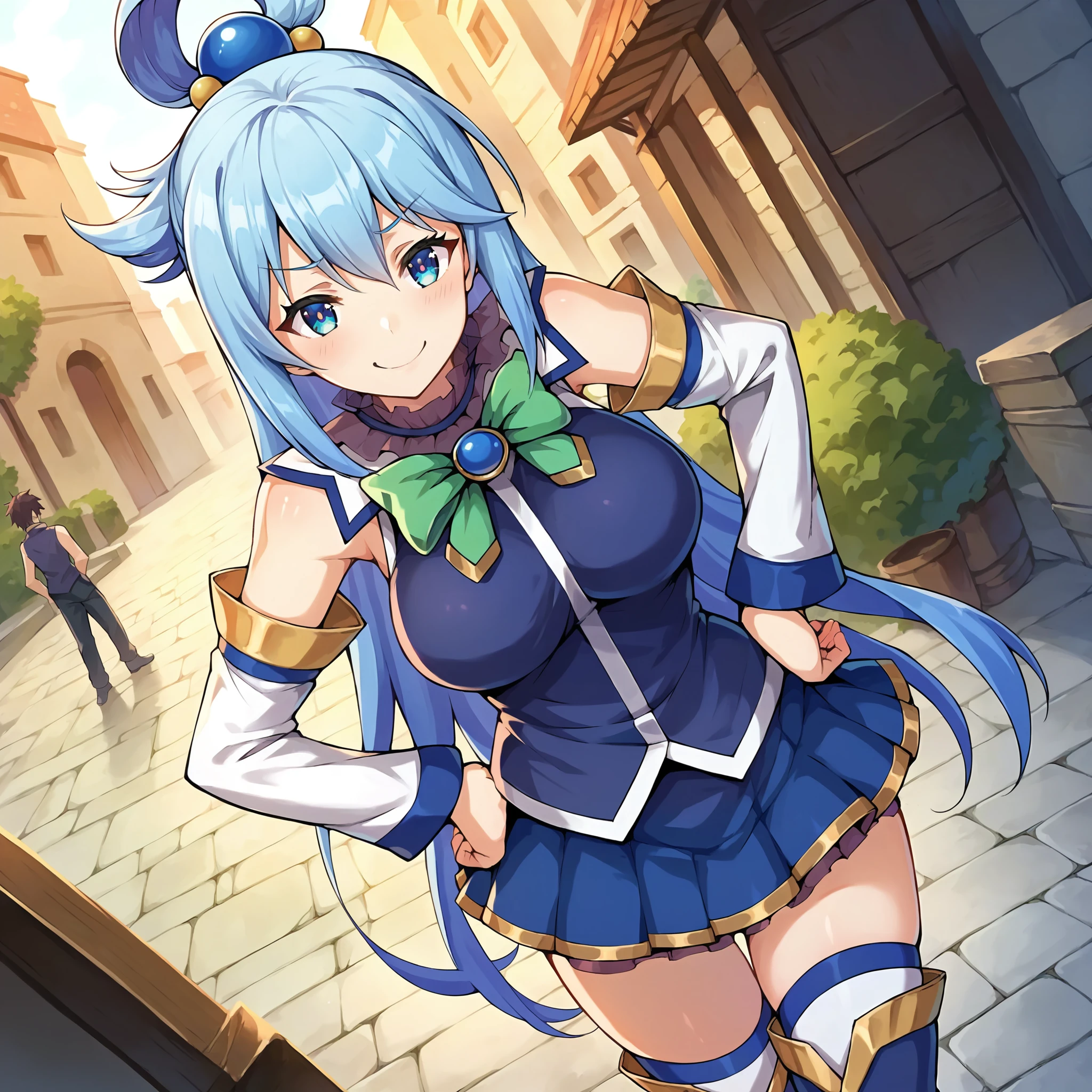 score_9, score_8_up, score_7_up, score_6_up, score_5_up, score_4_up, BREAK source_anime,city,outdoor,smile,standing,put hands on hips, <lora:Aqua_konosuba_V1:0.8>aqua /(konosuba/), long hair, blue eyes, hair ornament, very long hair, blue hair, hair rings, single hair ring,blue skirt, blue shirt, thighhighs, bare shoulders, detached sleeves, white thighhighs, green bow,blue boots