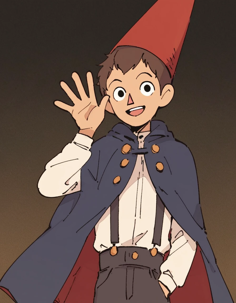 source_ANIME, score_9, score_8_up, score_7_up, wirtotgw, wirt, over the garden wall, wirt_(over_the_garden_wall), pink nose, smiling, solo, beige skin, short hair, brown_hair, waving at viewer, suspenders, male_focus, long_sleeves, blue cape, red hat, cone hat, dark forest, brown forest, dark colors, black background, dark background