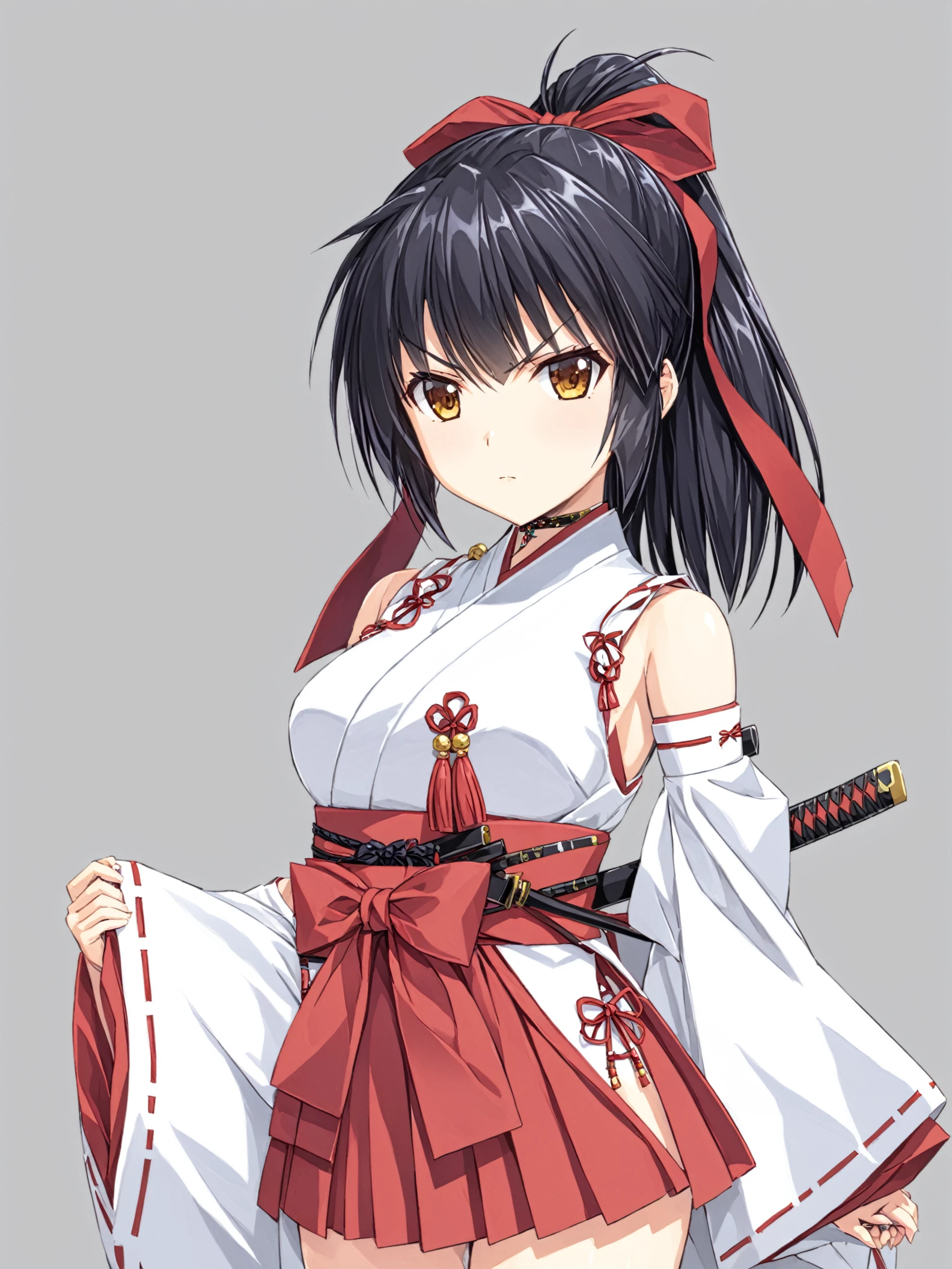 masterpiece, best quality,
<lora:divinemikokoyori.sdxl.v1-000009:0.9>
divinemikokoyori
1girl,solo,
cowboy shot,
simple background,
arms behind back, miko,
stern look, serious,
sword,katana, scabbard,