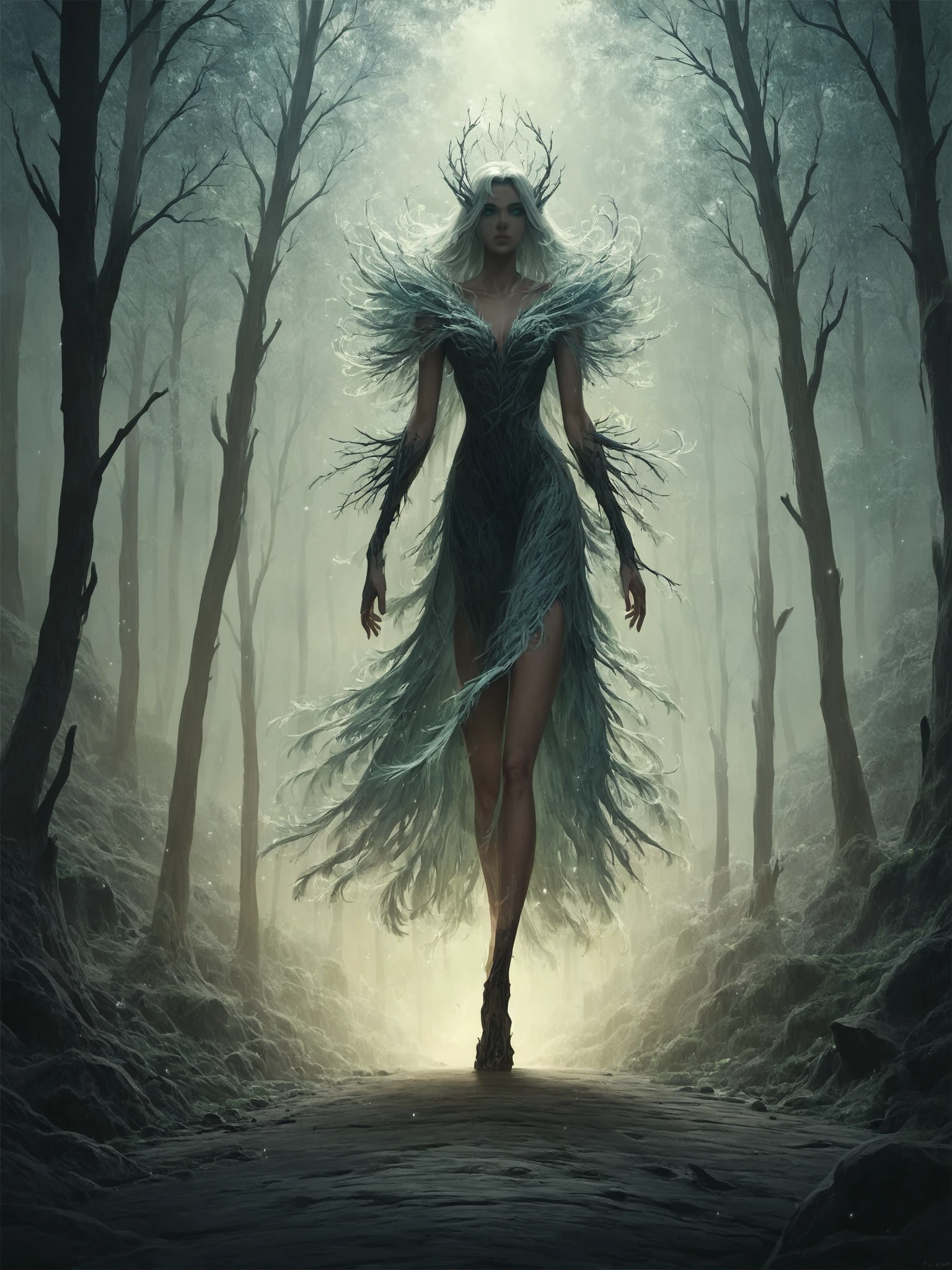 score_9, score_8_up, score_7_up, source_animeelven woman wearing a (mad-wsps dress:1.2) walking through a mystical forest, dynamic pose, cinematic shot, dramatic lighting <lora:Wisps_of_Light_Pony:0.50>